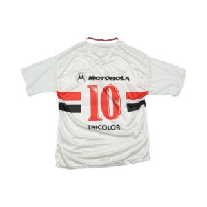Fotbalový bílý vintage dres s krátkým rukávem a motivem brazilského fotbalového týmu Sao Paulo z roku 2000 Motorola White Football Soccer Vintage Jersey