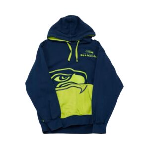 Pánská modro zelená mikina s kapucí značky Majestic s potiskem amerického fotbalového NFL týmu Seattle Seahawks.. Seattle Seahawks Dark Blue Hoodie