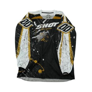 Pánský hnědo černý závodní dres značky Contact Shot Race s krátkým rukávem a potiskem z obou stran.. Shot Race Gear Black Jersey Pánský hnědo černý závodní dres značky Contact Shot Race s krátkým rukávem a potiskem z obou stran.. Shot Race Gear Black Jersey
