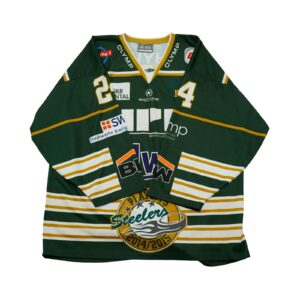 Pánský zelený podepsaný hokejový dres znařky Bad One s potiskem německého hokejového týmu SC Bietigheim-Bissingen Steelers - Wrigley.. Steelers Green Hockey Jersey
