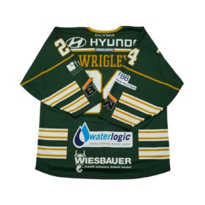 Pánský zelený podepsaný hokejový dres znařky Bad One s potiskem německého hokejového týmu SC Bietigheim-Bissingen Steelers - Wrigley.. Steelers Green Hockey Jersey