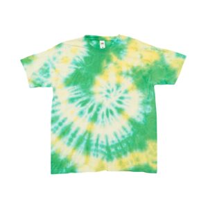 Pánské zeleno žluté batikované tričko značky Fruit of the Loom s krátkým rukávem.. Tie-Dye Green Yellow Spiral T-Shirt
