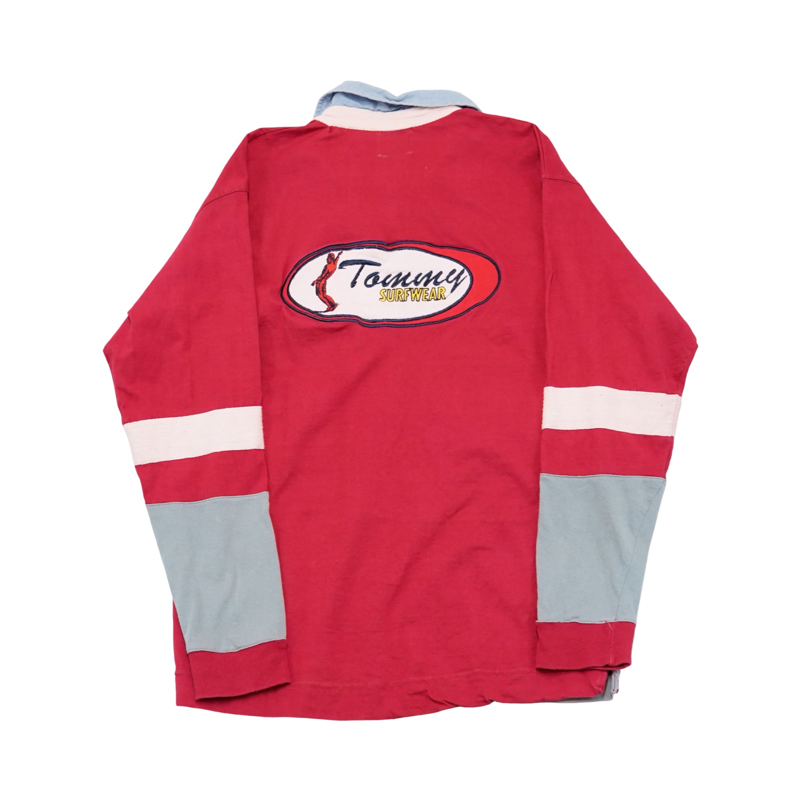 Pánské červené vintage polo tričko značky Tommy Hilfiger s dlouhým rukávem a našivkou z obou stran.. Tommy Hilfiger Surfwear Red Polo Shirt