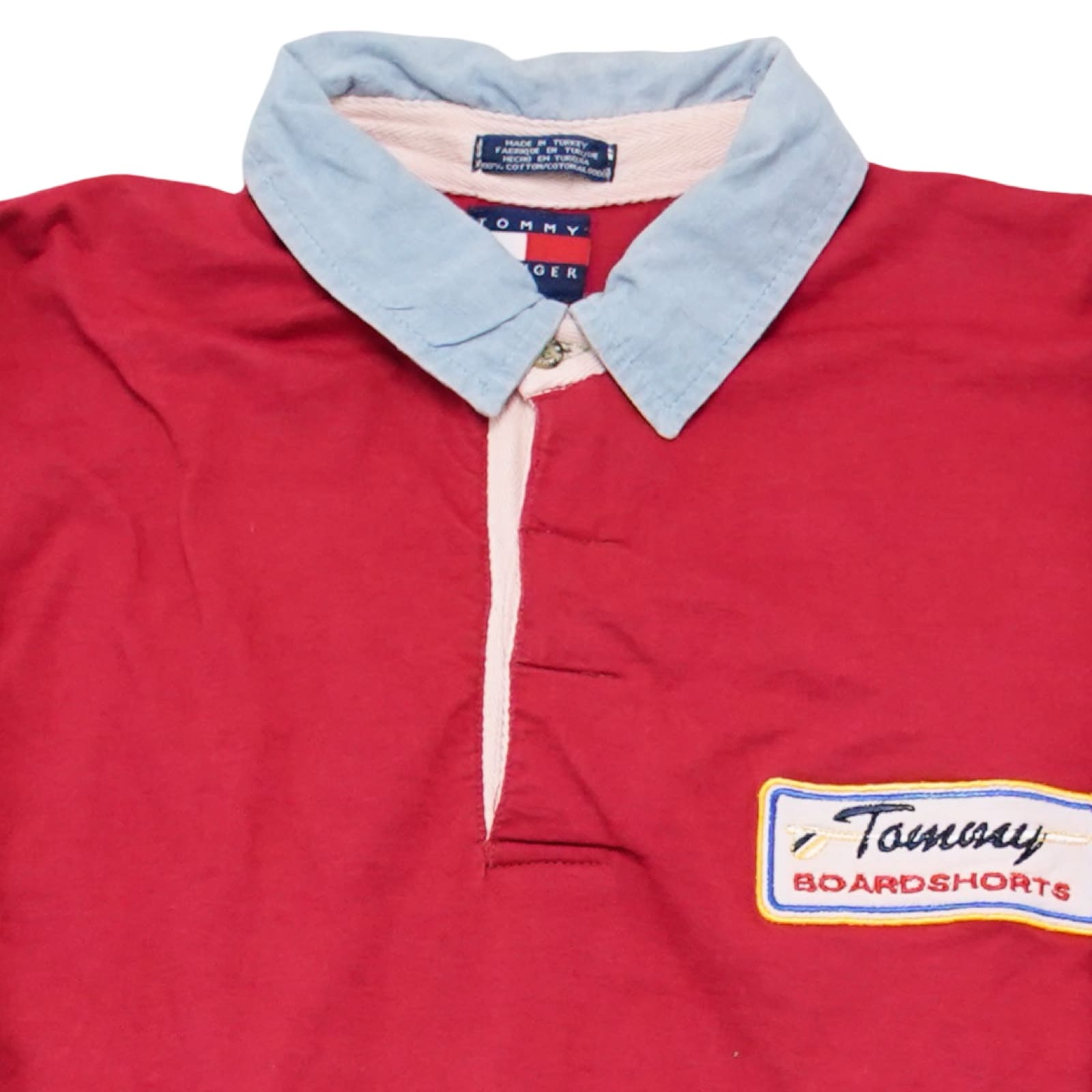 Pánské červené vintage polo tričko značky Tommy Hilfiger s dlouhým rukávem a našivkou z obou stran.. Tommy Hilfiger Surfwear Red Polo Shirt