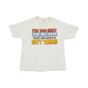 Pánské šedé melírované vintage tričko značky Hanes s krátkým rukávem a potiskem na přední straně.. Too Sexy Grey T-Shirt