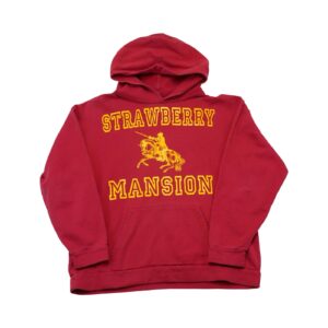 Pánská červená mikina s kapucí značky Unwanted s potiskem Strawberry Mansion z obou stran Unwanted Strawberry Mansion Red Hoodie