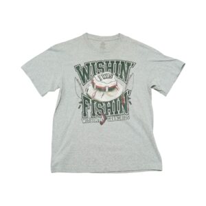 Pánské šedé vintage tričko s krátkým rukávem a potiskem Wishin I Was Fishin With My Grandkids na přední straně Grey Vintage T-Shirt