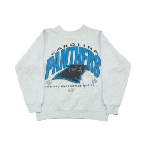 Pánský šedý vintage crewneck značky Hanes s potiskem amerického fotbalového NFL týmu Carolina Panthers na přední straně Grey Vintage Crewneck Pánský šedý vintage crewneck značky Hanes s potiskem amerického fotbalového NFL týmu Carolina Panthers na přední straně Grey Vintage Crewneck
