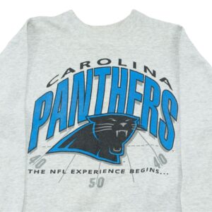 Pánský šedý vintage crewneck značky Hanes s potiskem amerického fotbalového NFL týmu Carolina Panthers na přední straně Grey Vintage Crewneck
