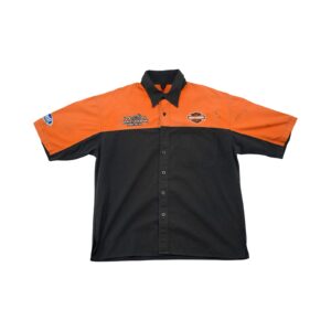 Pánská černo oranžová vintage košile značky Harley-Davidson s krátkým rukávem a nášivkou z obou stran Black Orange Shirt