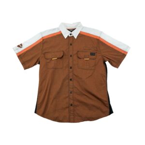 Pánská hnědo bílá vintage košile značky Harley-Davidson s krátkým rukávem a nášivkou zna zadní straně Brown Shirt