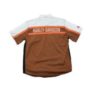 Pánská hnědo bílá vintage košile značky Harley-Davidson s krátkým rukávem a nášivkou zna zadní straně Brown Shirt