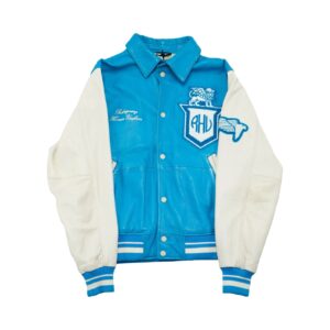 Pánská modro bílá kožená bunda značky Zara x Rhuigi s nášivkou z obou stran.. Zara x Rhuigi Blue Jacket Pánská modro bílá kožená bunda značky Zara x Rhuigi s nášivkou z obou stran.. Zara x Rhuigi Blue Jacket