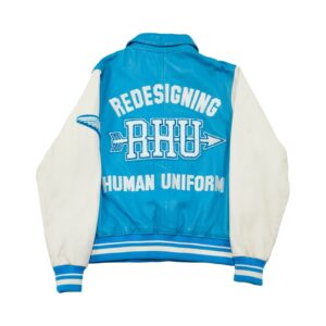 Pánská modro bílá kožená bunda značky Zara x Rhuigi s nášivkou z obou stran.. Zara x Rhuigi Blue Jacket